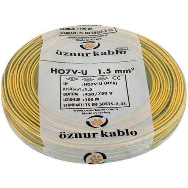 Öznur Kablo 1,5 mm H07V-U (NYA) 450/750 V - Sarı/Yeşil