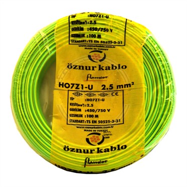 Öznur Kablo 2,5 mm H07Z1-U (NYA) 450/750 V - Sarı/ Yeşil